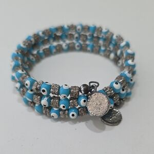 Evil Eye Triple Wrap Bracelet Silver and Blue Beaded